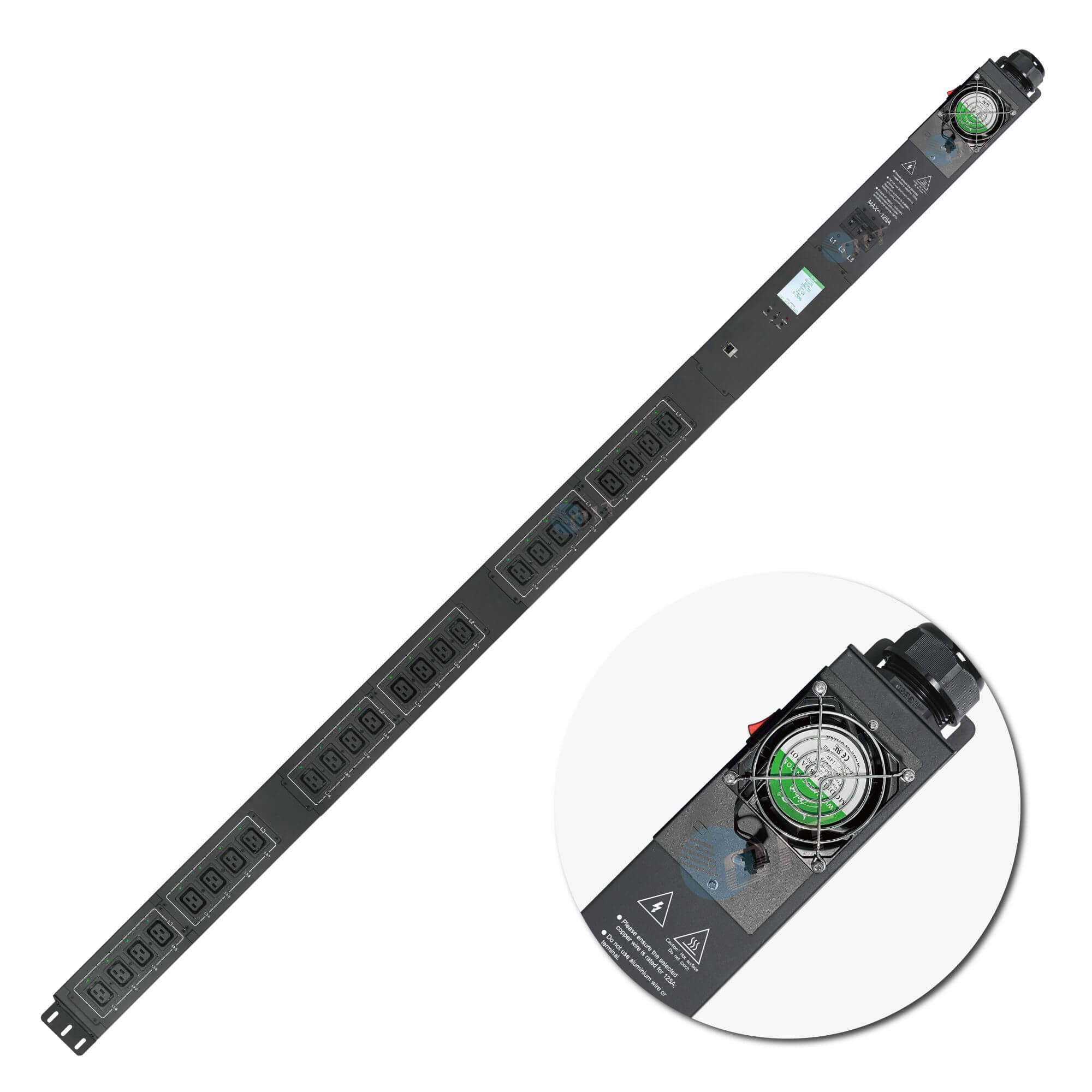 ETL Certified Metered APDU with Fan Cooling, 24×C19, 90kW, 125A Smart PDU