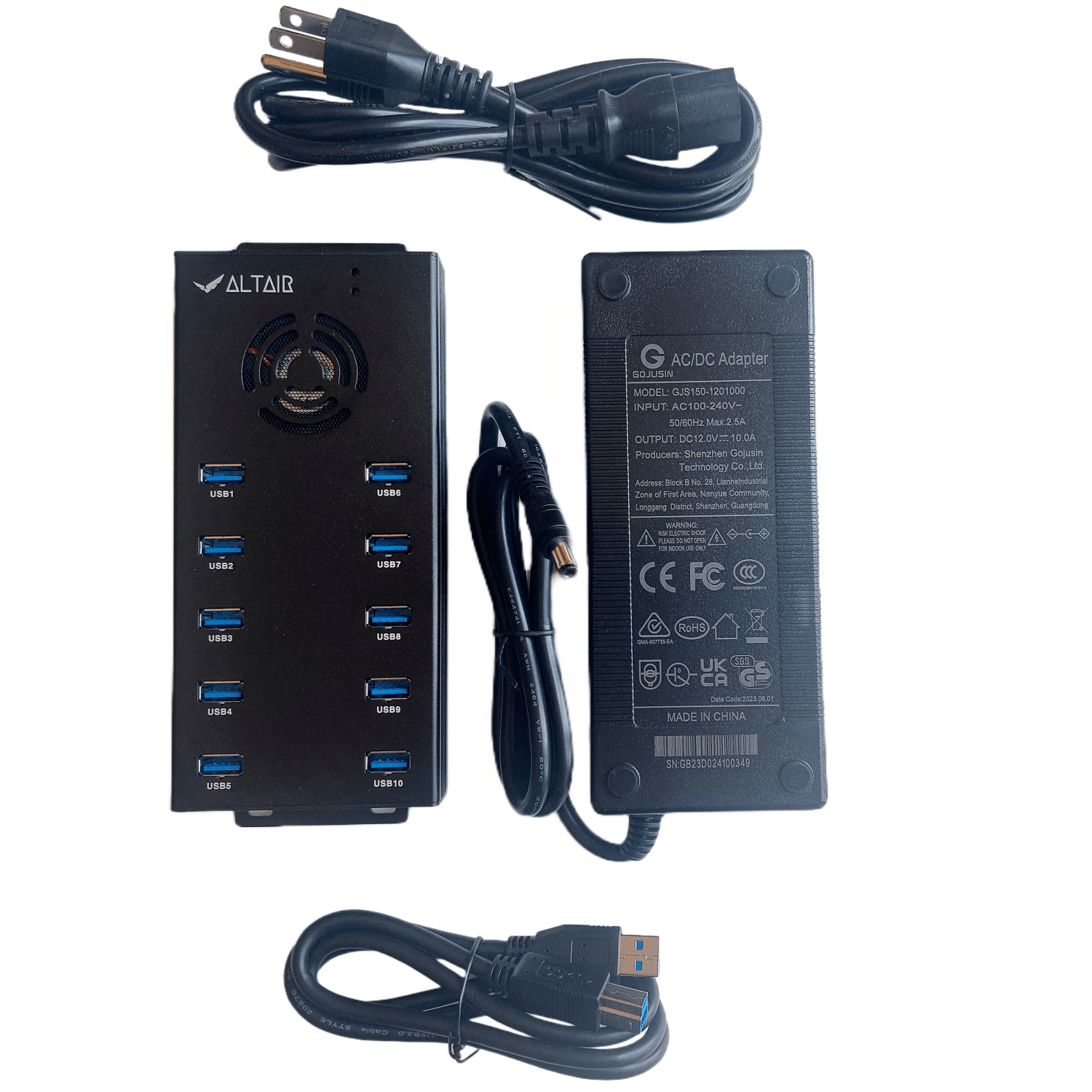 AltairTech 10-Port USB 3.0 Hub with 120W PSU