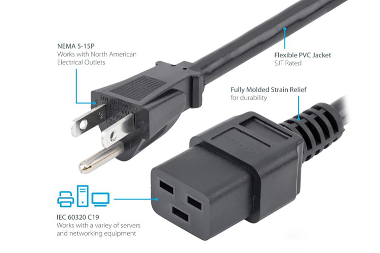 NEMA 5-15P to C19 AC 15A 125V 14AWG Power Cable