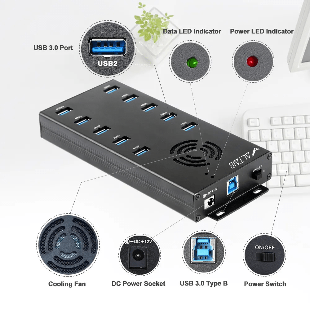 AltairTech 10-Port USB 3.0 Hub with 120W PSU